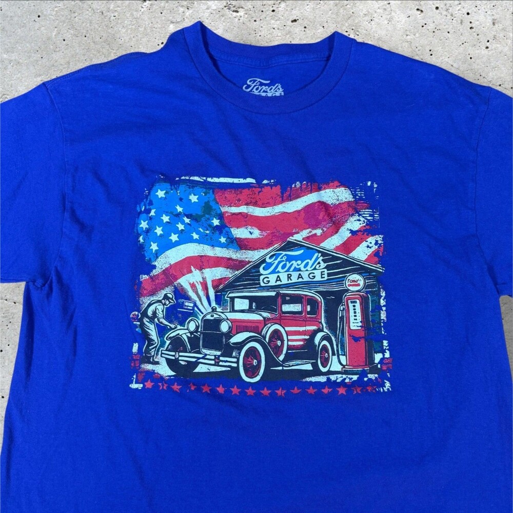 Fords Garage T Shirt Mens Large L Royal Blue US Flag Graphic Car Tee Classic - Picture 6 of 8